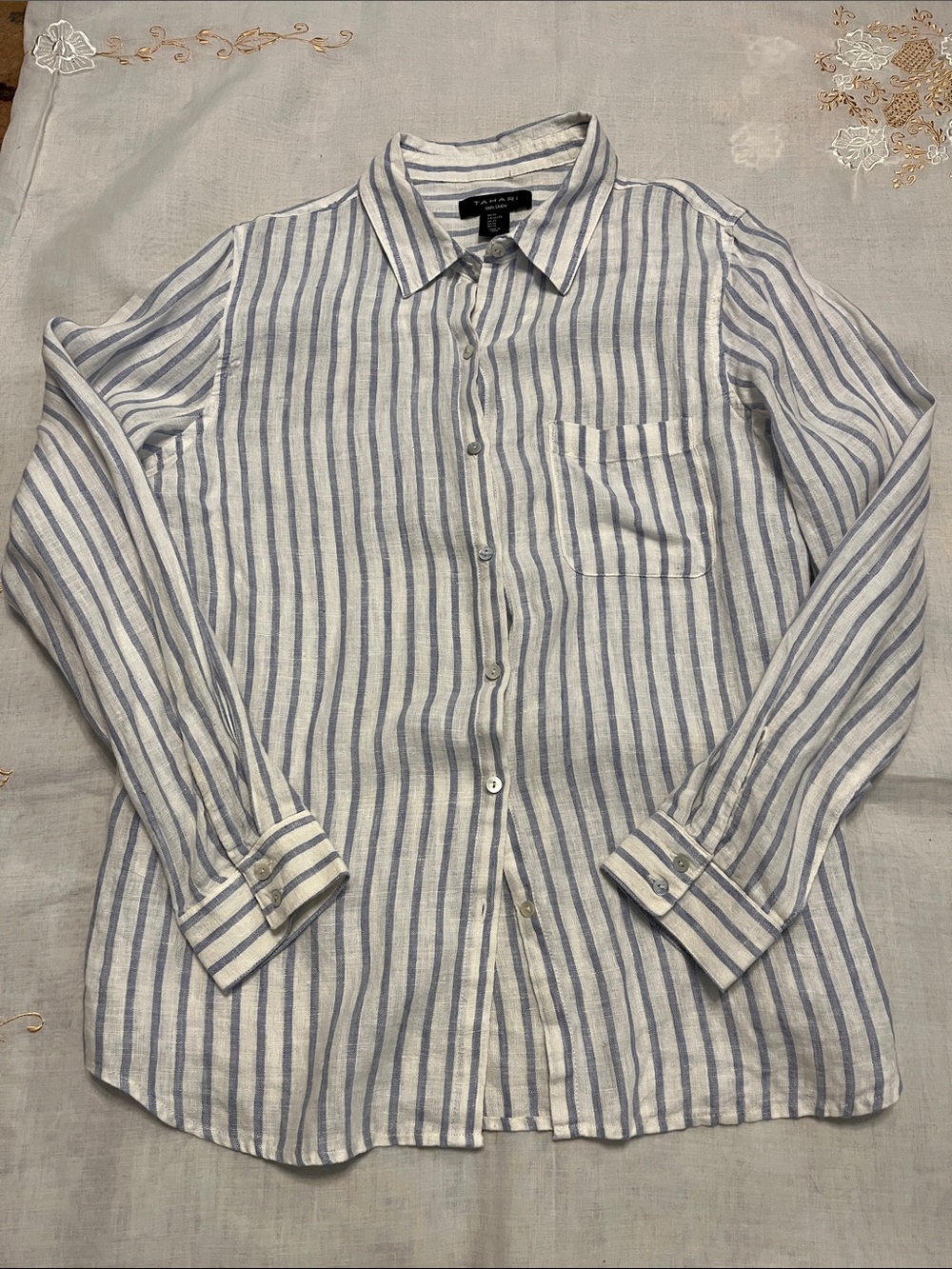 Tahari White and Light Blue Striped Button-Down Linen Shirt